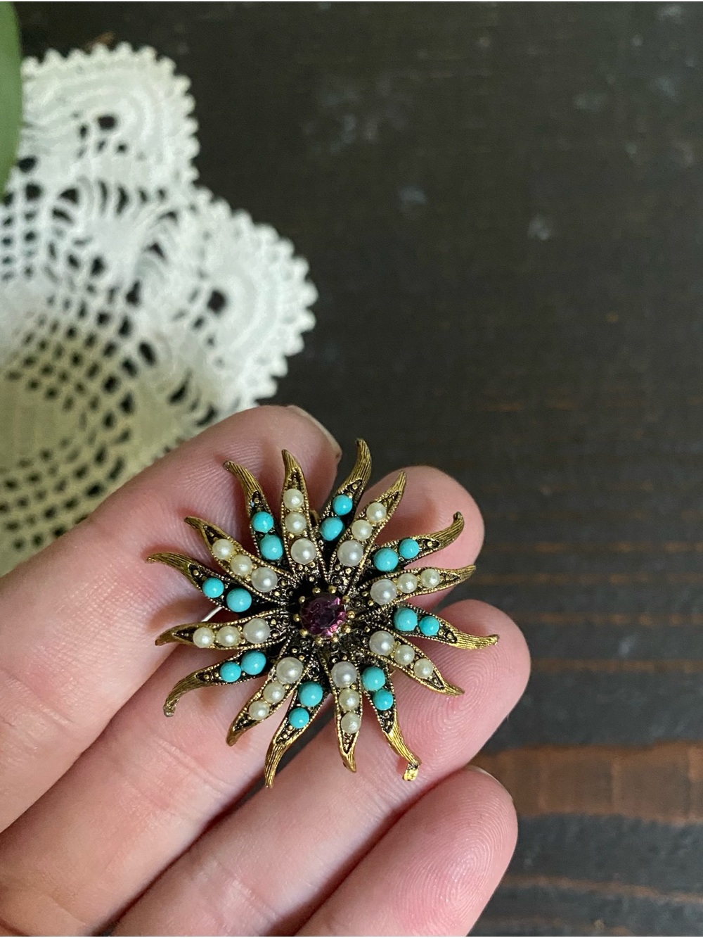 Gold-Tone Turquoise & Pearl Sunburst Brooch with Purple Center